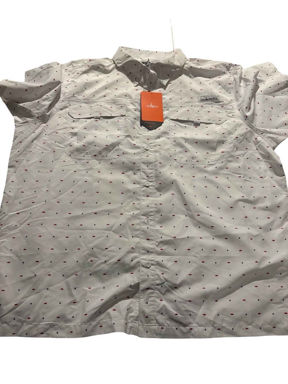 Lightweight Men’s Short Sleeve White Button-Down Shirt with Red Micro Dot Print